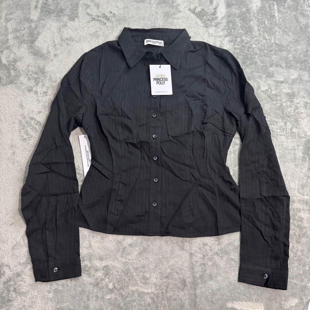 Princess Polly Fogler Shirt Black Pinstripe Button Down Long Sleeve US 6 NEW